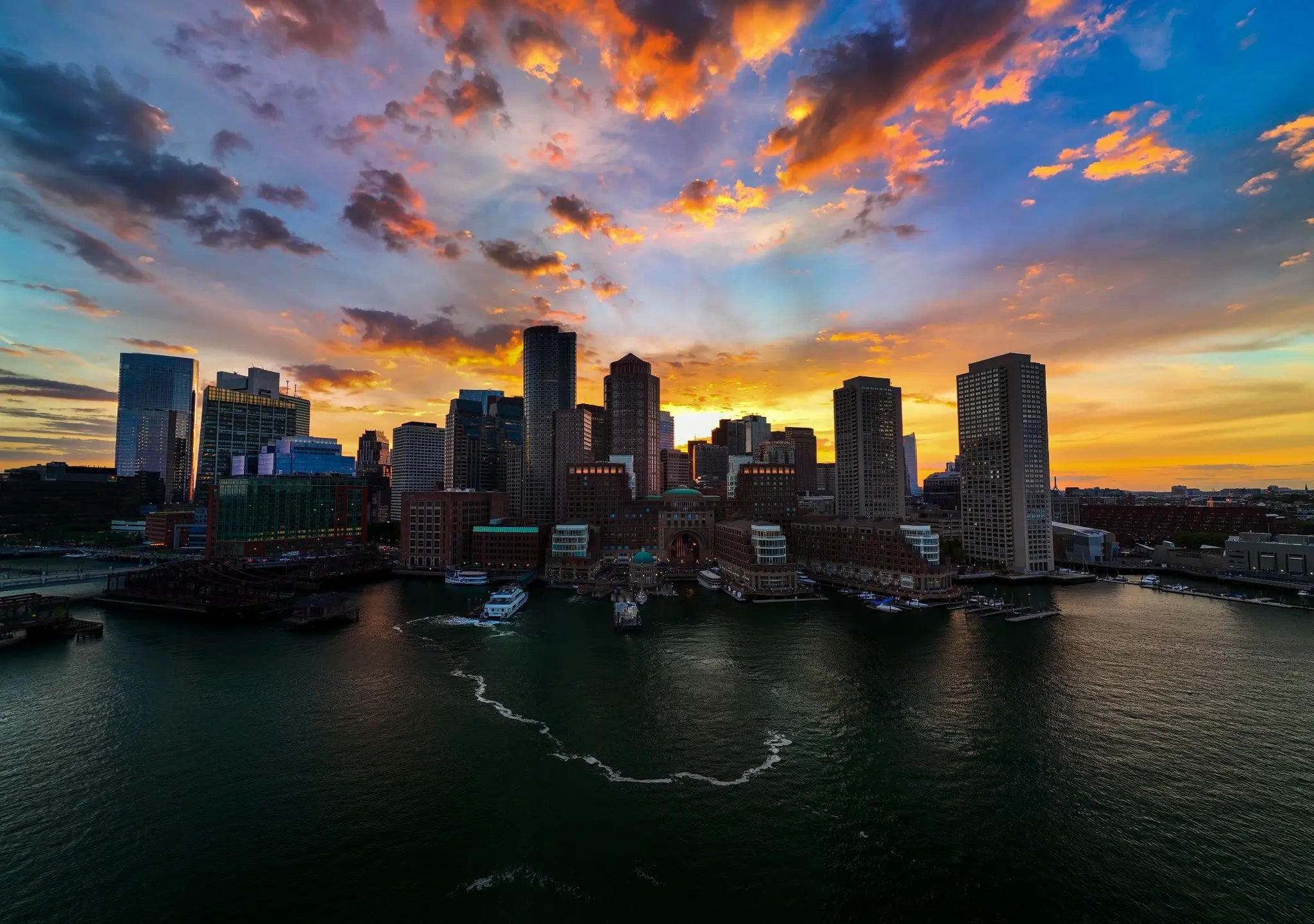 Boston Harbor at golden hour — aerial photograph by Aldo Cinematic