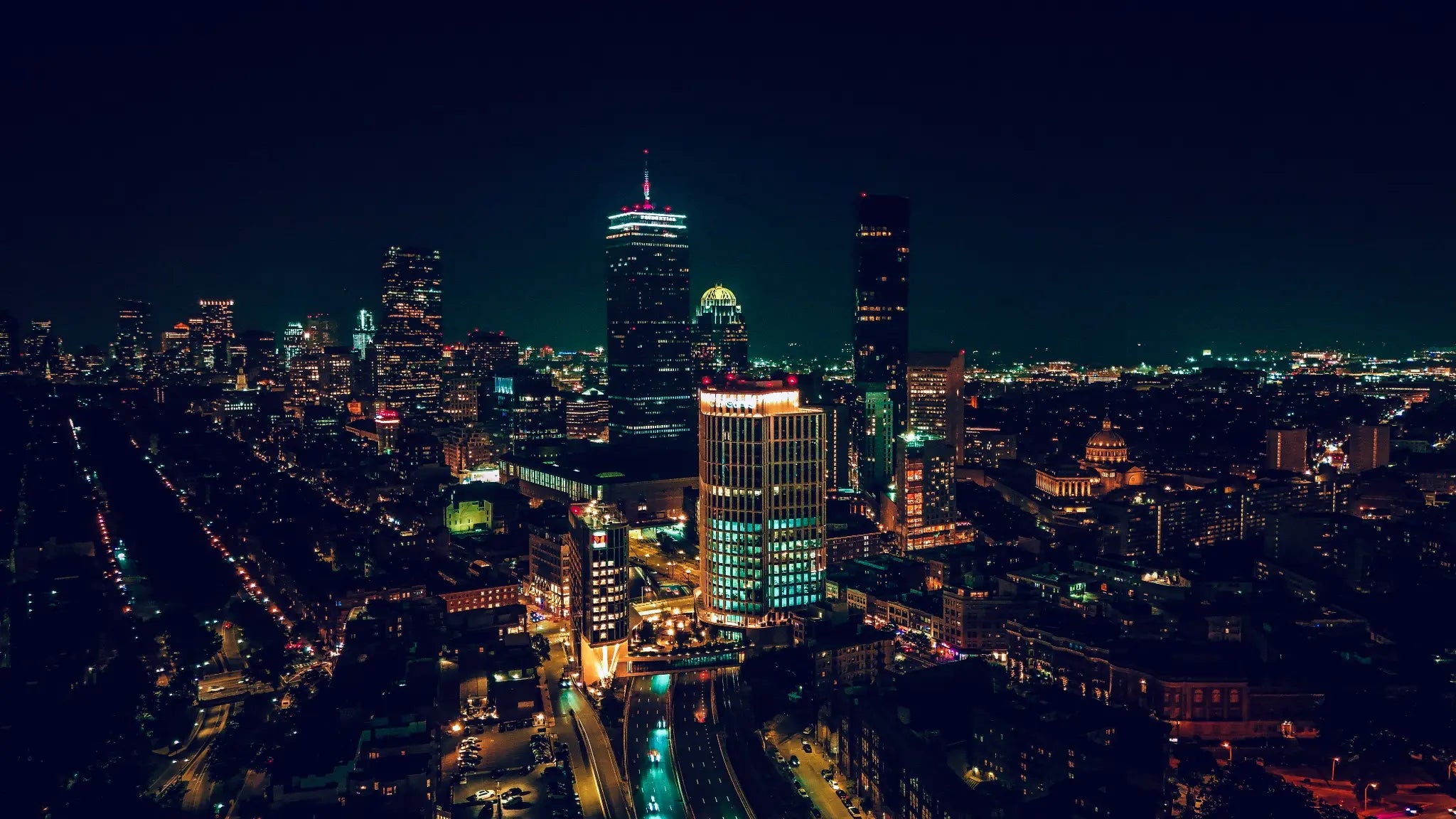 Back Bay after dark — aerial photograph by Aldo Cinematic